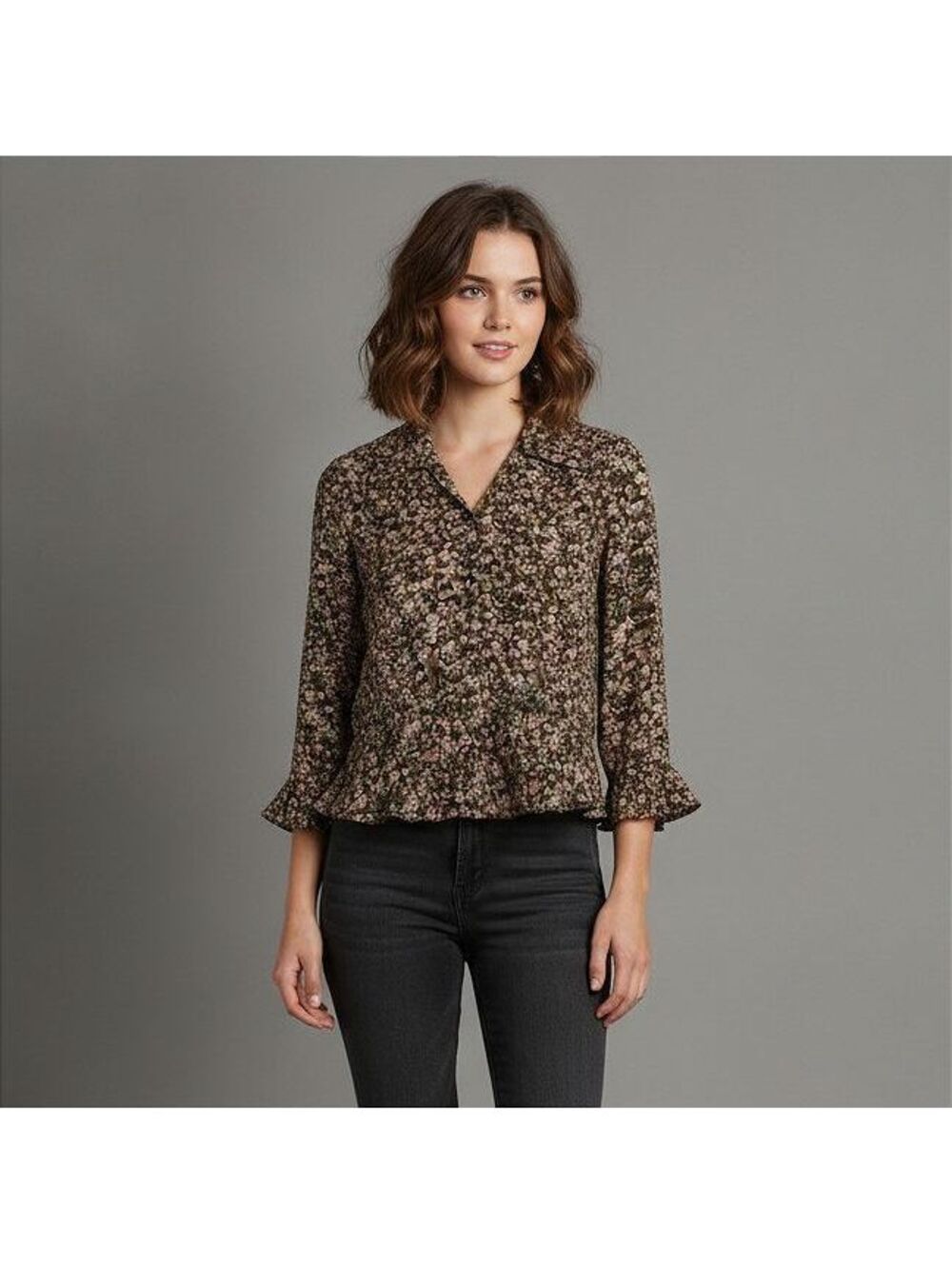 Jones New York Size 6P Black Floral 3/4 Sleeve Silk Blouse Top Moody Floral